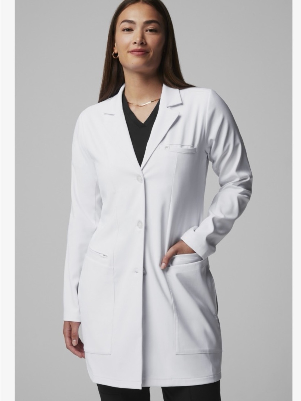 Fabletics Axis stretch White Women's Lab Coat Classic Long Medical Jacket sz XL